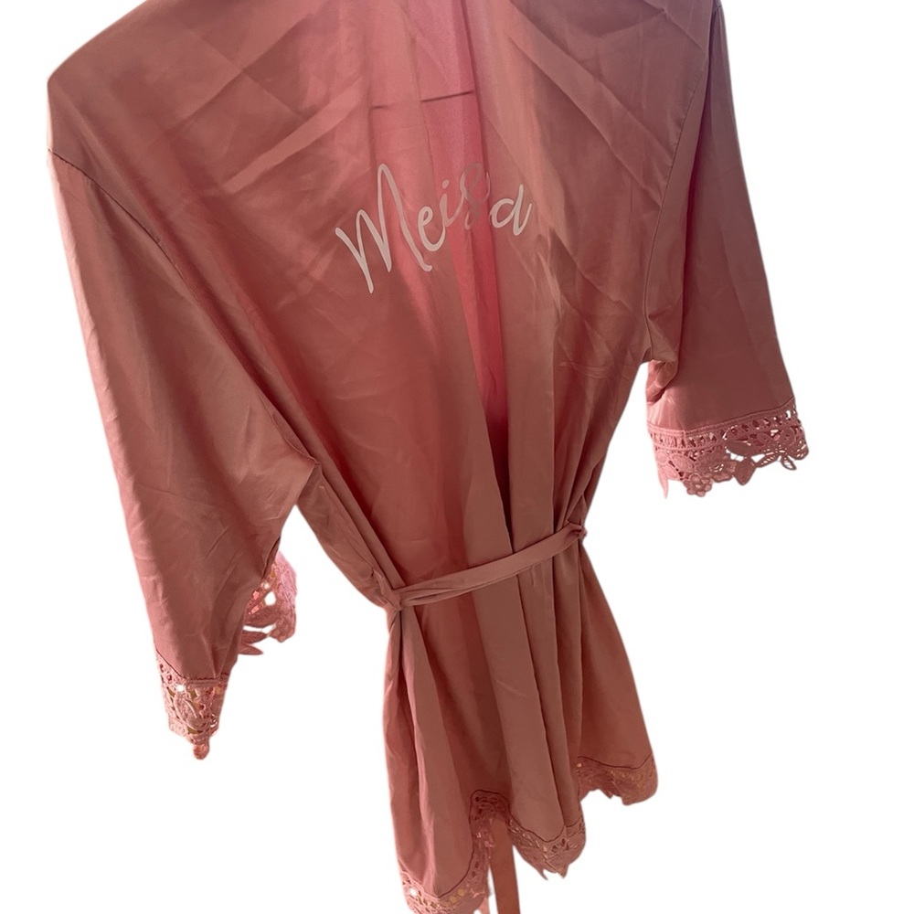 Dusty Pink Lace Trim Satin Robe - Picture 5 of 5